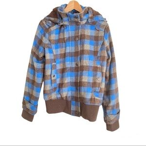Timeout blue dark brown plaid check hooded jacket sz 40 best fit
